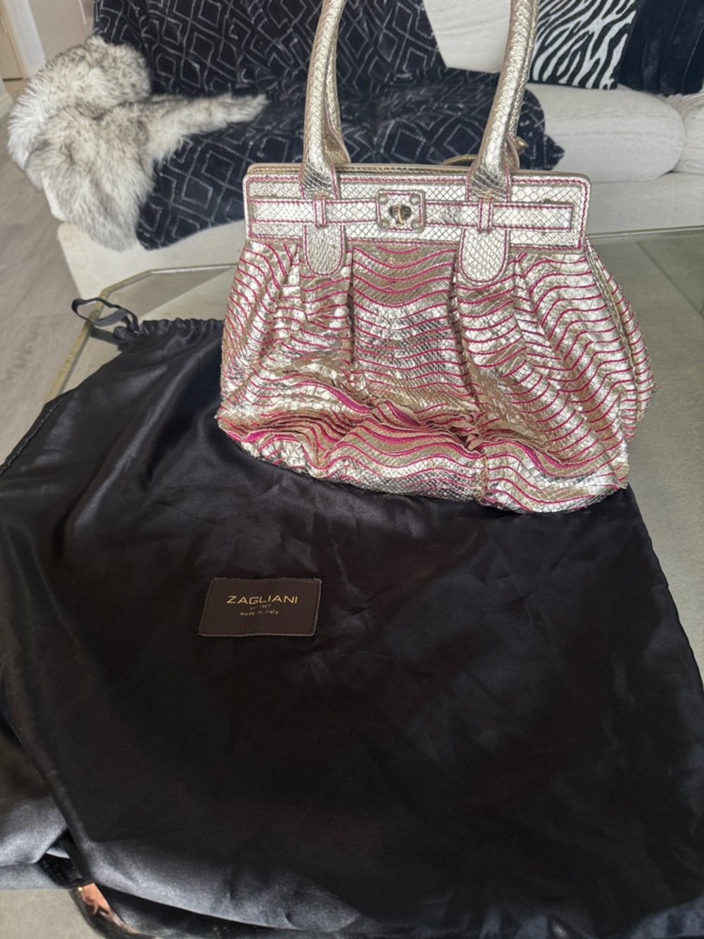 Zagliani Pink and Gold Wave-Textured Leather Shoulder Bag